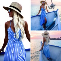 Boho Maxi Long Striped Halter Evening Party Beach Dresses Sundress Blue
